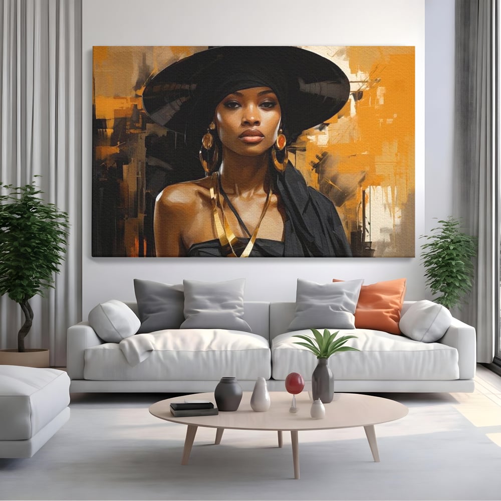 Tablou canvas cu tablou canvas cu femeie in palarie neagra, fara rama, pe sasiu de lemn, pe perete intr-un living